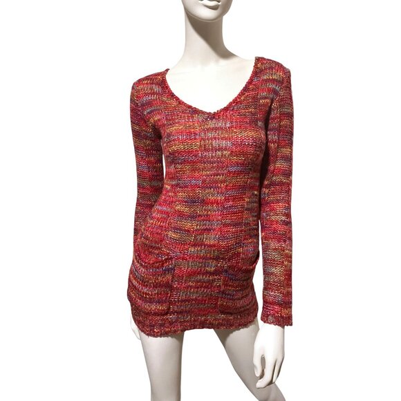 Y2K Babydoll Knit Tunic Sweater M Rainbow Pockets Plunge Neck Cozy Fairy Cabin - Picture 2 of 7